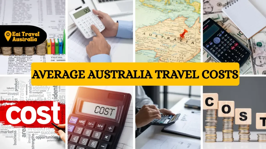 Graphic showing average Australia travel costs, featuring calculators, maps, and currency for our travel cost calculator tool.