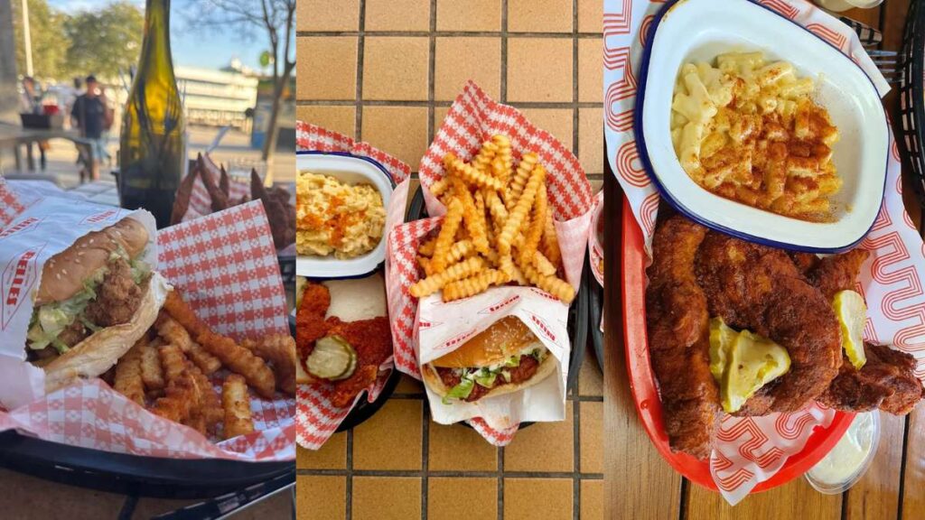 Nashville-style spicy fried chicken tenders and crinkle-cut fries served at Belles Hot Chicken in Barangaroo, Sydney.