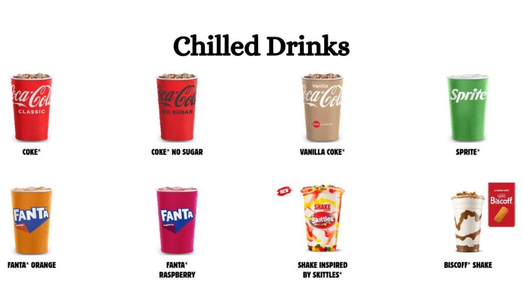Hungry Jack's cold beverage menu including frozen drinks and soft drinks