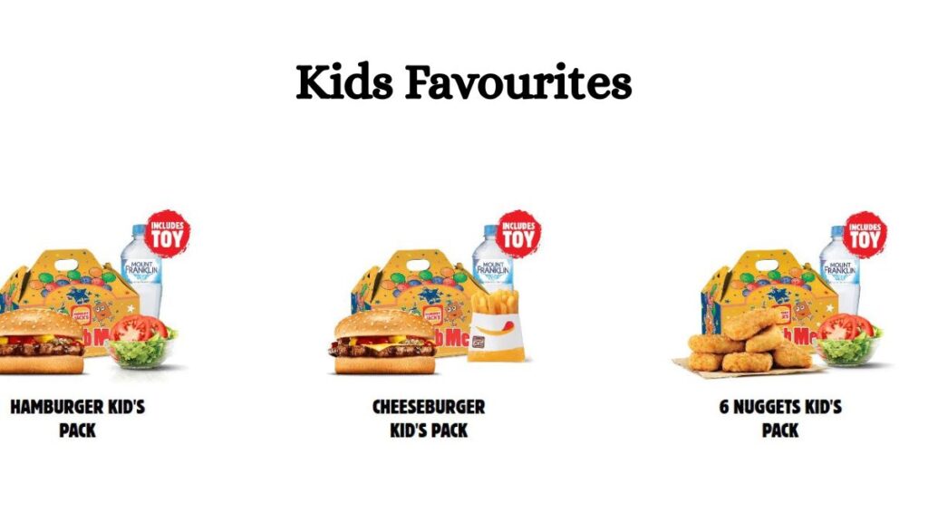Hungry Jack's Kids Meal options with cheeseburgers and chicken nuggets