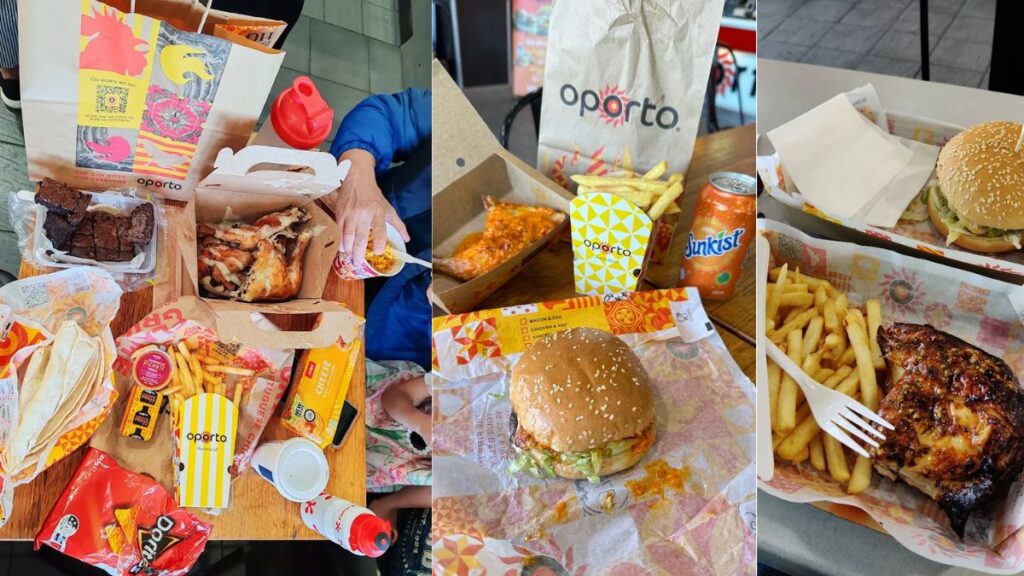 Freshly made grilled chicken Bondi Burger and hot chips from Oporto near Bondi Beach, Sydney.