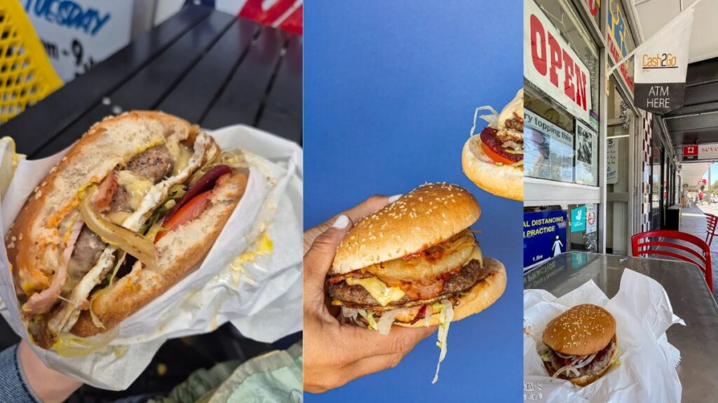 A classic Works burger and a fresh pineapple crush from Paul's Famous Hamburgers in Sylvania, Sydney.