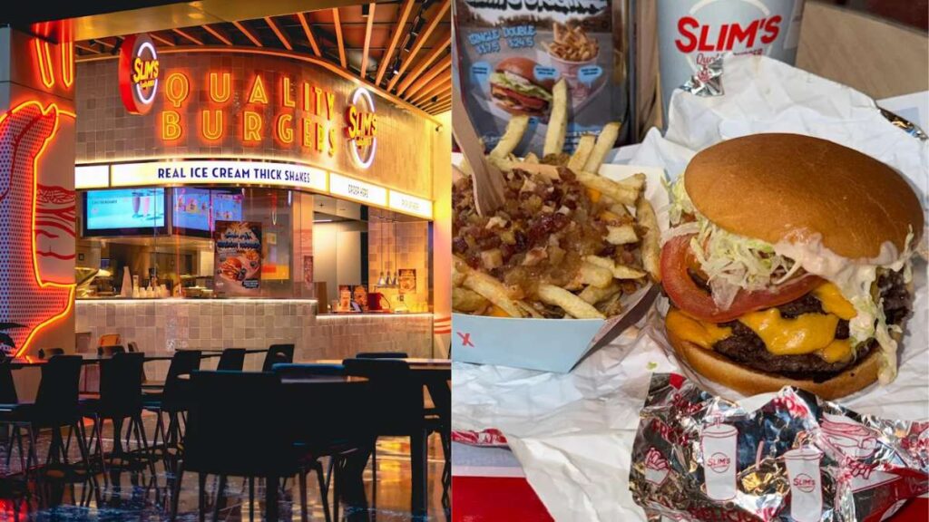 A classic triple Angus beef burger and loaded bacon fries from Slim's Quality Burger in Westfield Sydney.